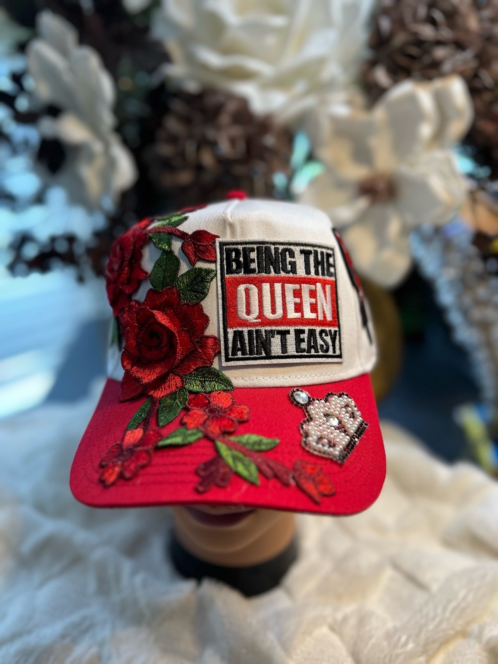 Embroidered 'Being The Queen Ain't Easy' Red & White Baseball Cap